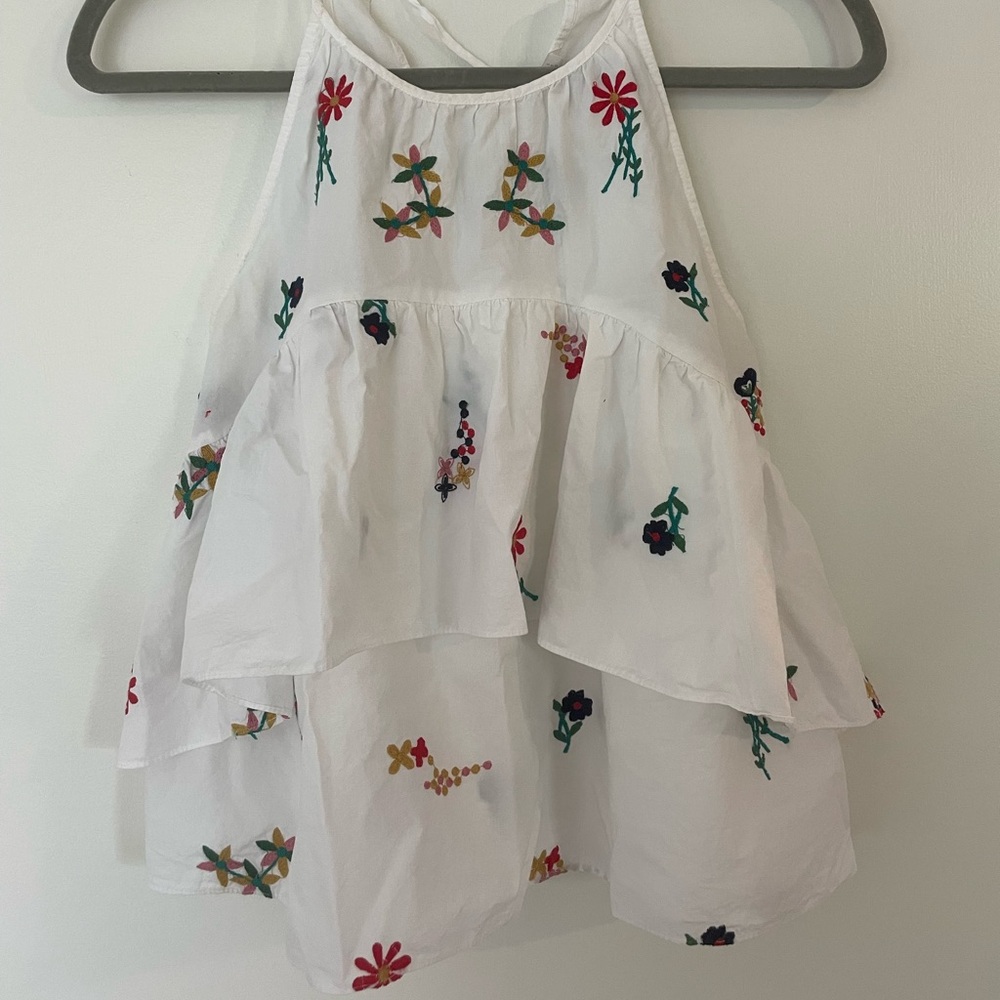 Zara S white embroidered floral ruffle tank top